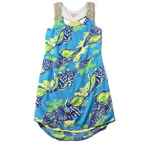Lilly Pulitzer Calissi Tank Dress Sound The Horn Sequins Turquoise Size 4 L169